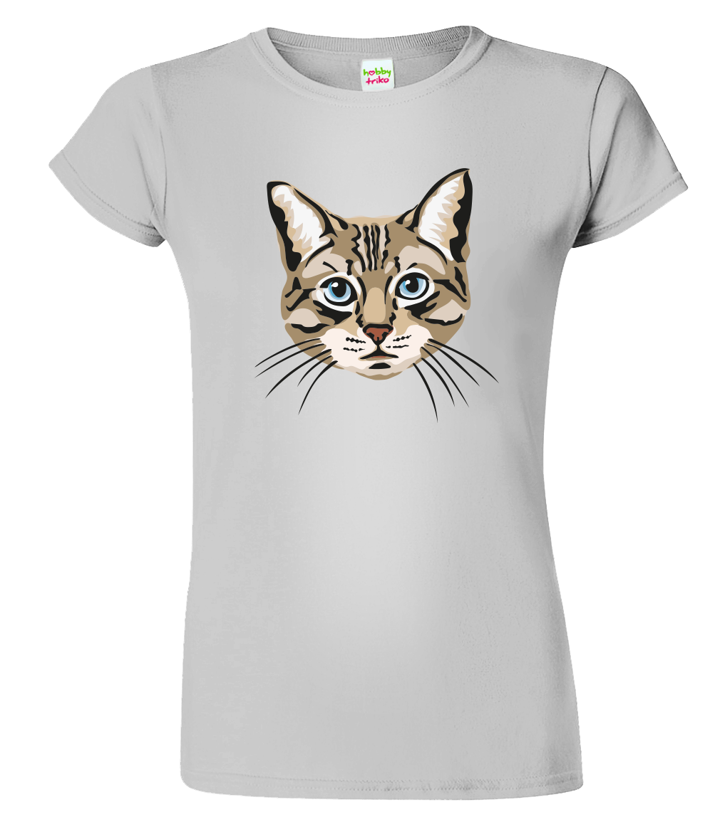 Dámské tričko s kočkou - Modroočka Velikost: XL, Barva: Světle šedý melír (03)