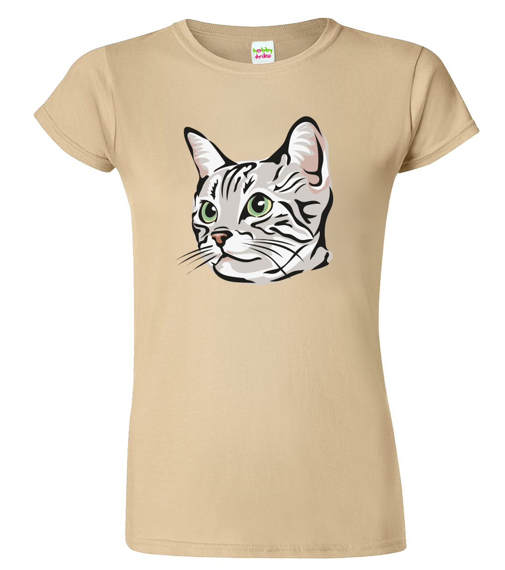 Dámské tričko s kočkou - Zelenoočka Velikost: XL, Barva: Béžová (51)