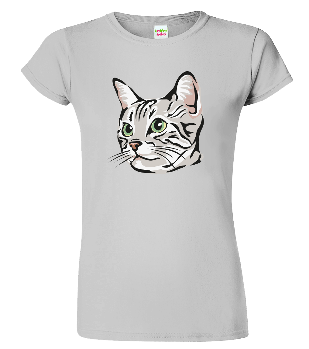 Dámské tričko s kočkou - Zelenoočka Velikost: XL, Barva: Světle šedý melír (03)