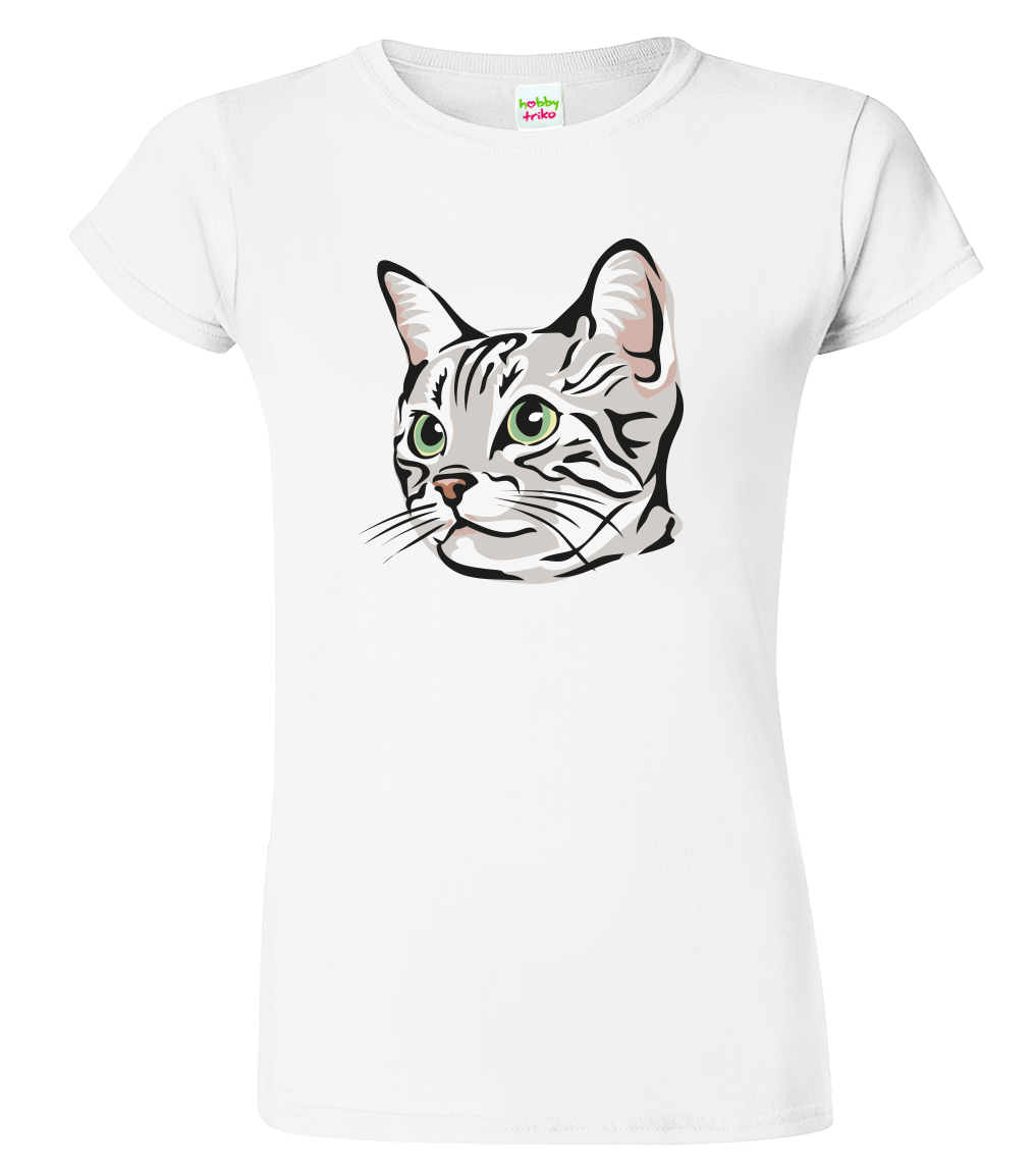 Dámské tričko s kočkou - Zelenoočka Velikost: M, Barva: Bílá
