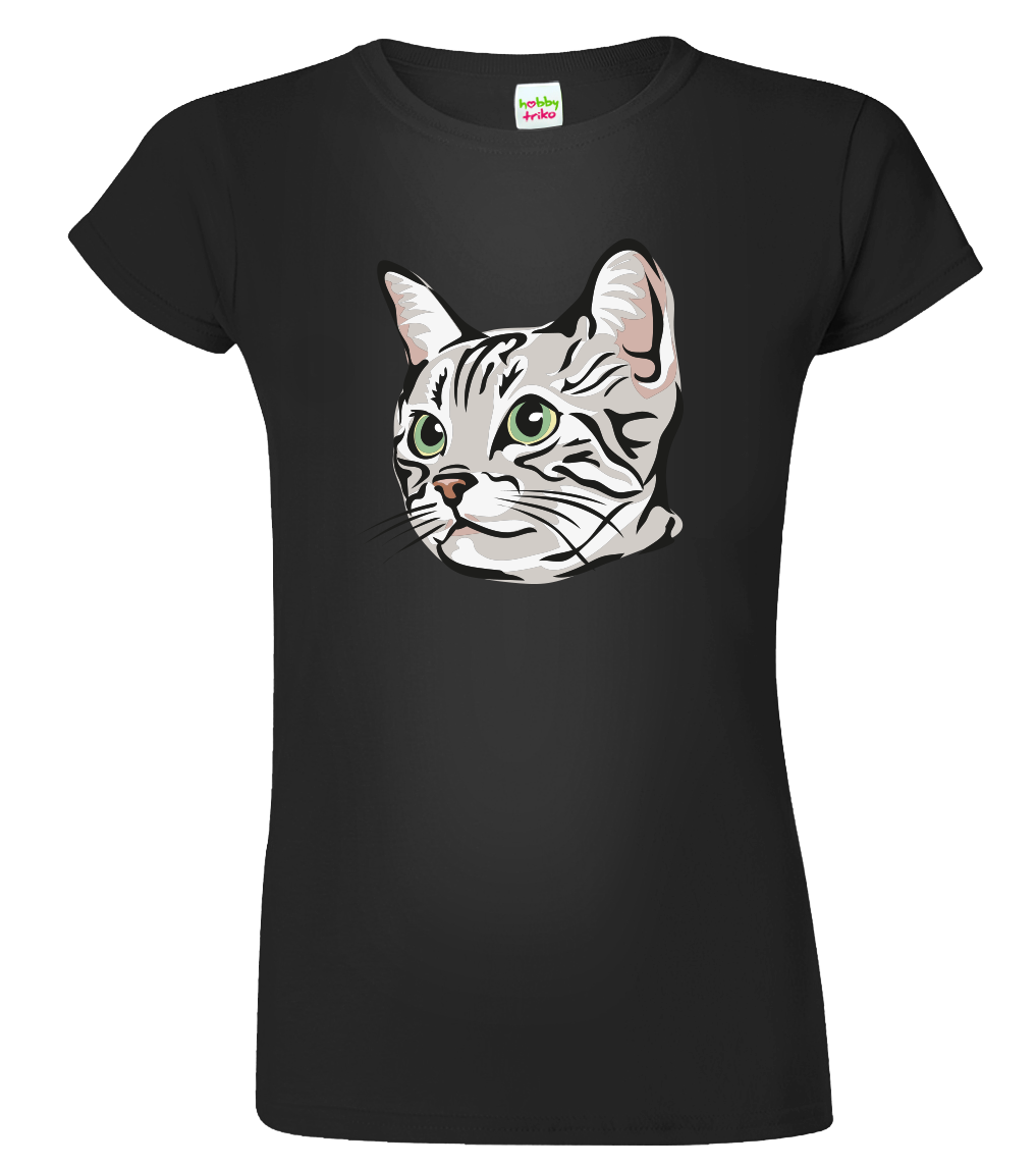 Dámské tričko s kočkou - Zelenoočka Velikost: S, Barva: Černá (01)