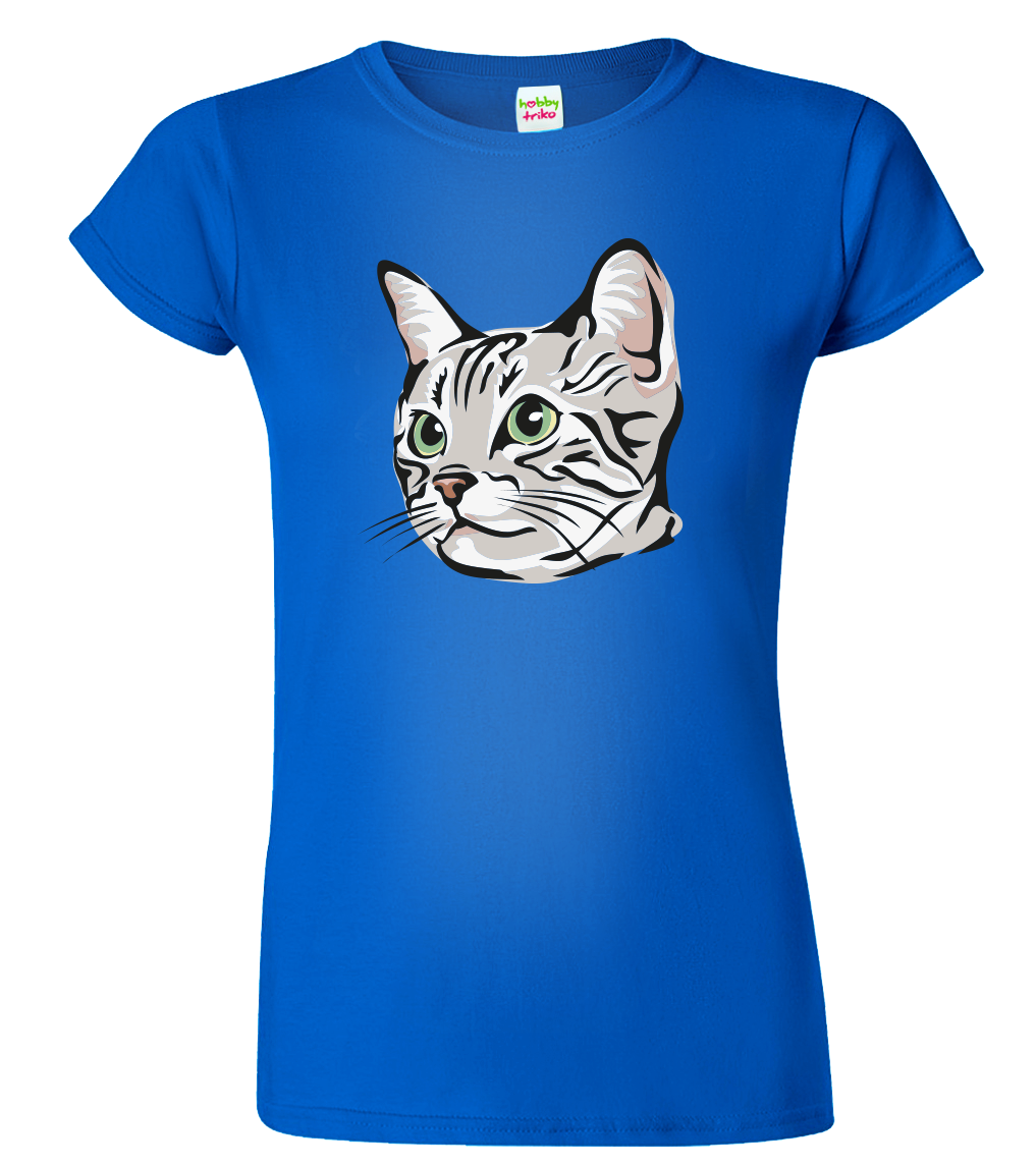 Dámské tričko s kočkou - Zelenoočka Velikost: L, Barva: Královská modrá (05)