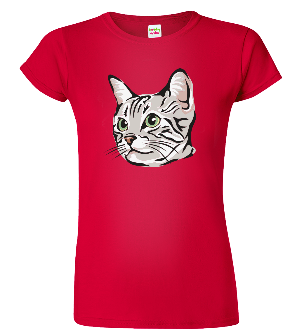 Dámské tričko s kočkou - Zelenoočka Velikost: L, Barva: Červená (07)