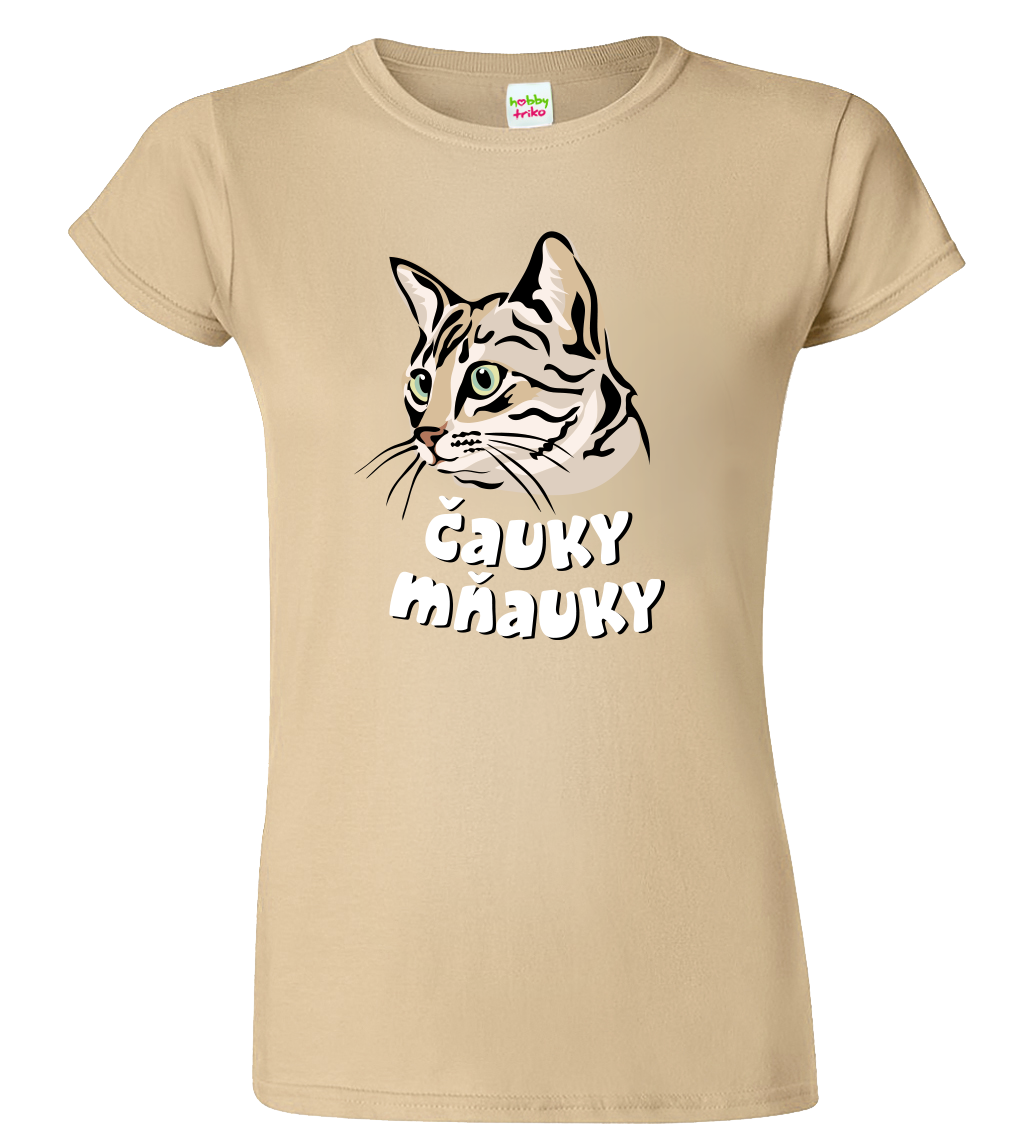 Dámské tričko s kočkou - Čauky mňauky Velikost: L, Barva: Béžová (51)