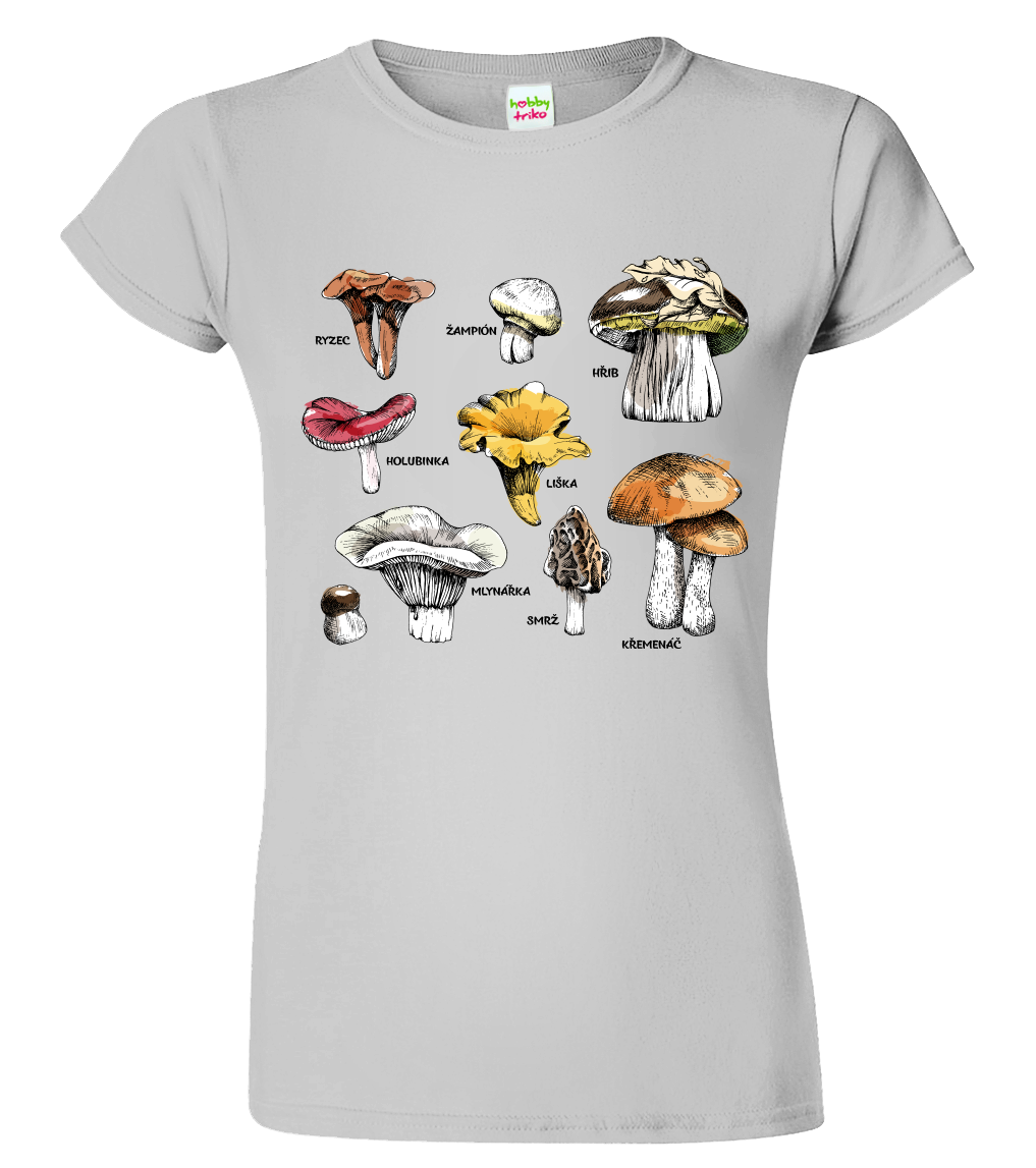 Tričko s houbami - Hřib, Křemenáč a další Velikost: XL, Barva: Světle šedý melír (03)