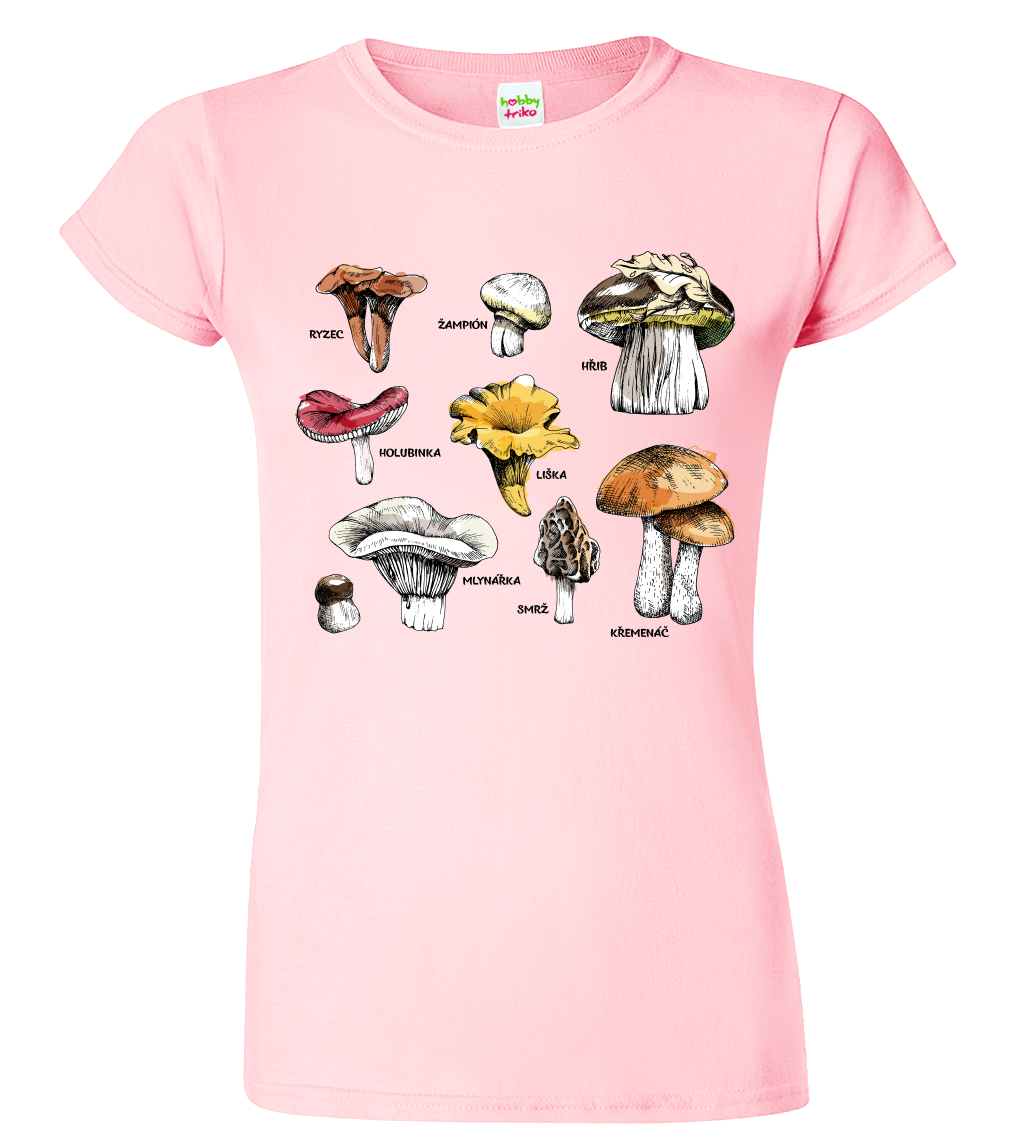 Tričko s houbami - Hřib, Křemenáč a další Velikost: L, Barva: Růžová (30)