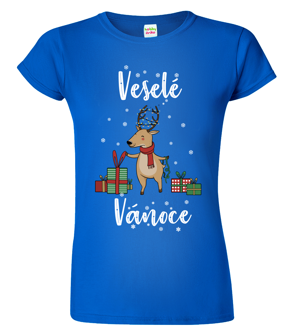 Dámské vánoční tričko - Vánoční sob Velikost: XL, Barva: Královská modrá (05)