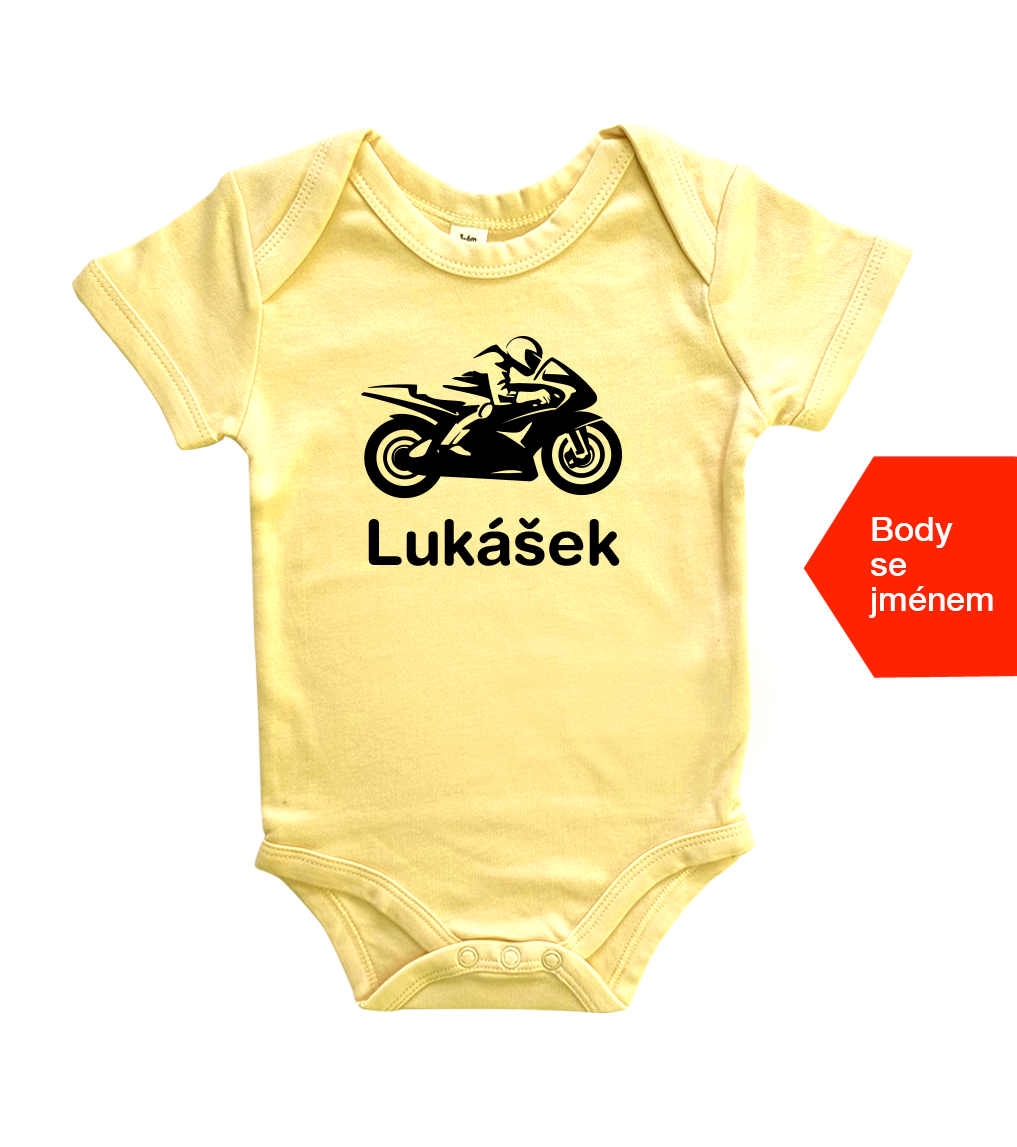 Dětské body se jménem - Motorka Velikost: 0-3 m, Barva: Žlutá, Délka rukávu: Krátký rukáv