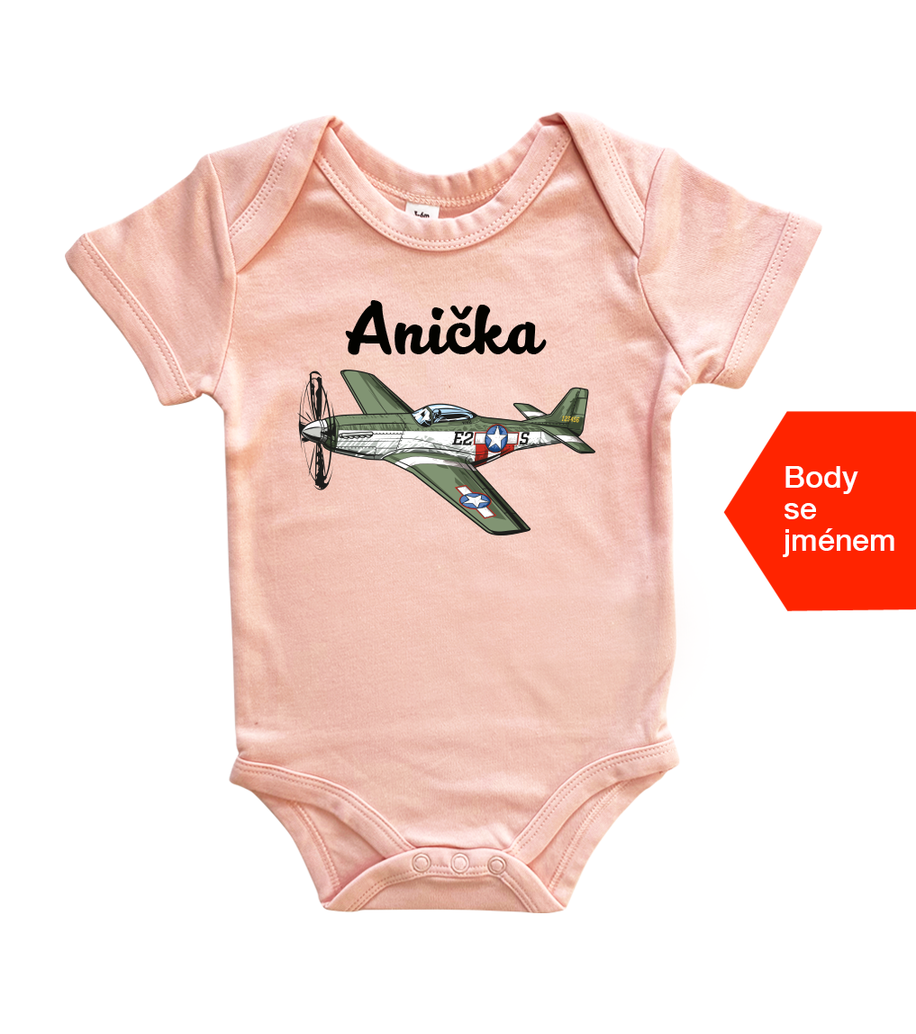 Dětské body se jménem - Letadlo Velikost: 6-12 m, Barva: Světle růžová, Délka rukávu: Krátký rukáv