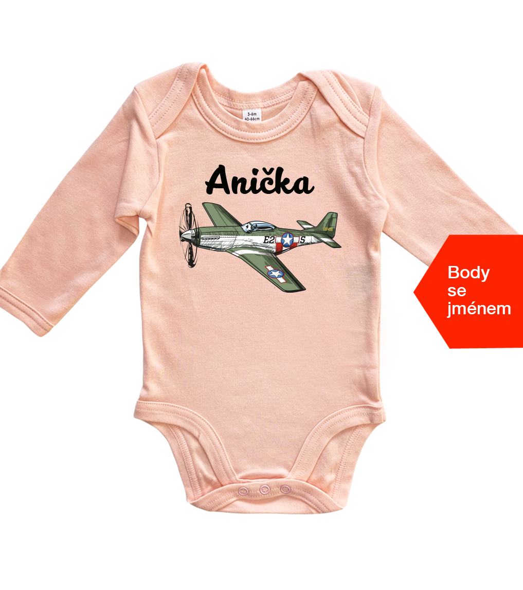 Dětské body se jménem - Letadlo Velikost: 6-12 m, Barva: Světle růžová, Délka rukávu: Dlouhý rukáv