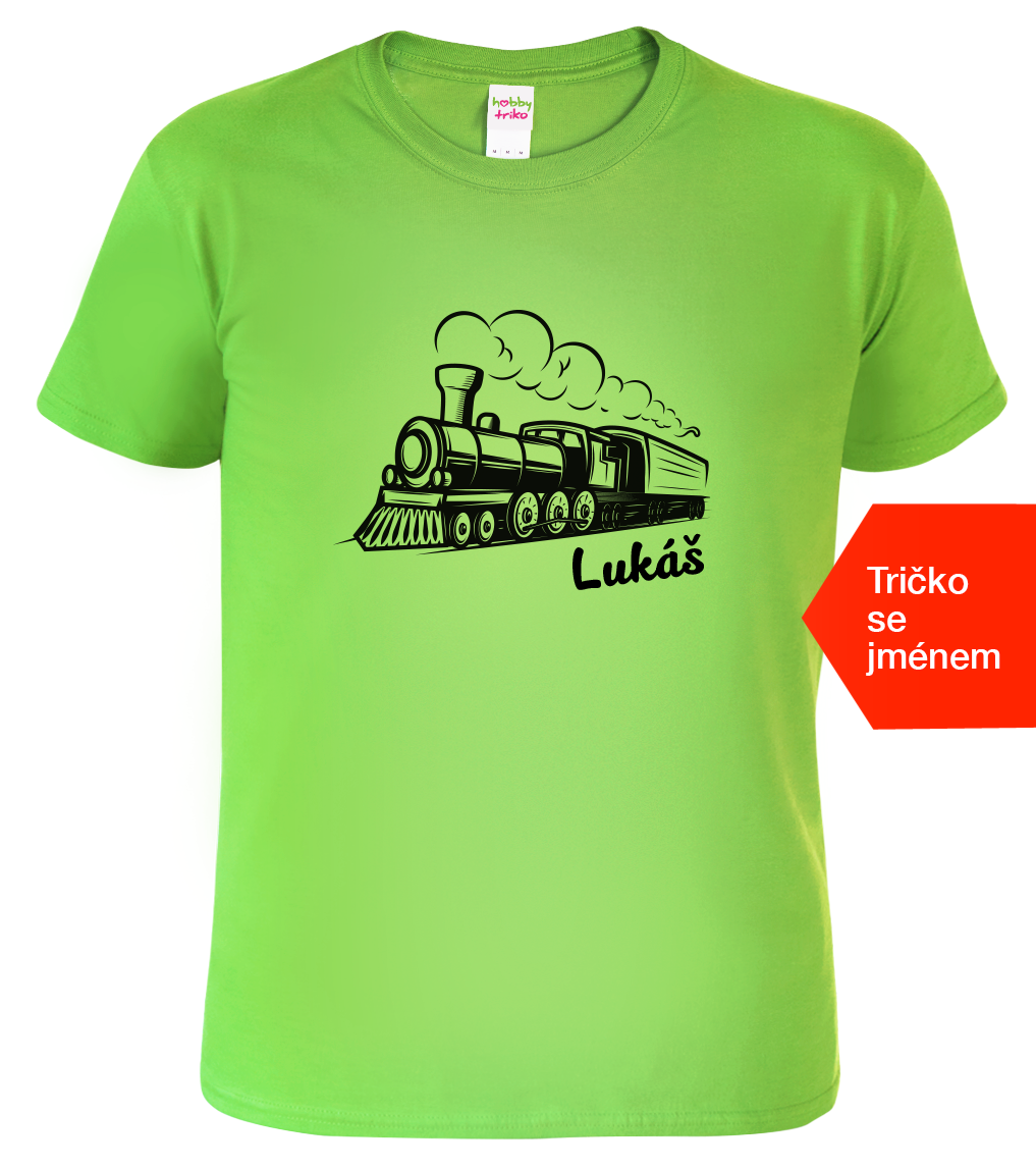 Tričko s vlakem a jménem - Parní lokomotiva Velikost: M, Barva: Apple Green (92)
