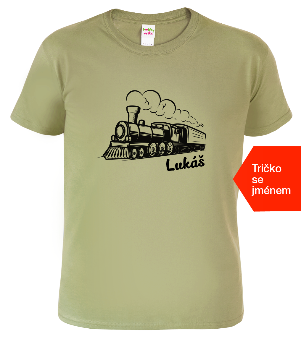 Tričko s vlakem a jménem - Parní lokomotiva Velikost: L, Barva: Světlá khaki (28)