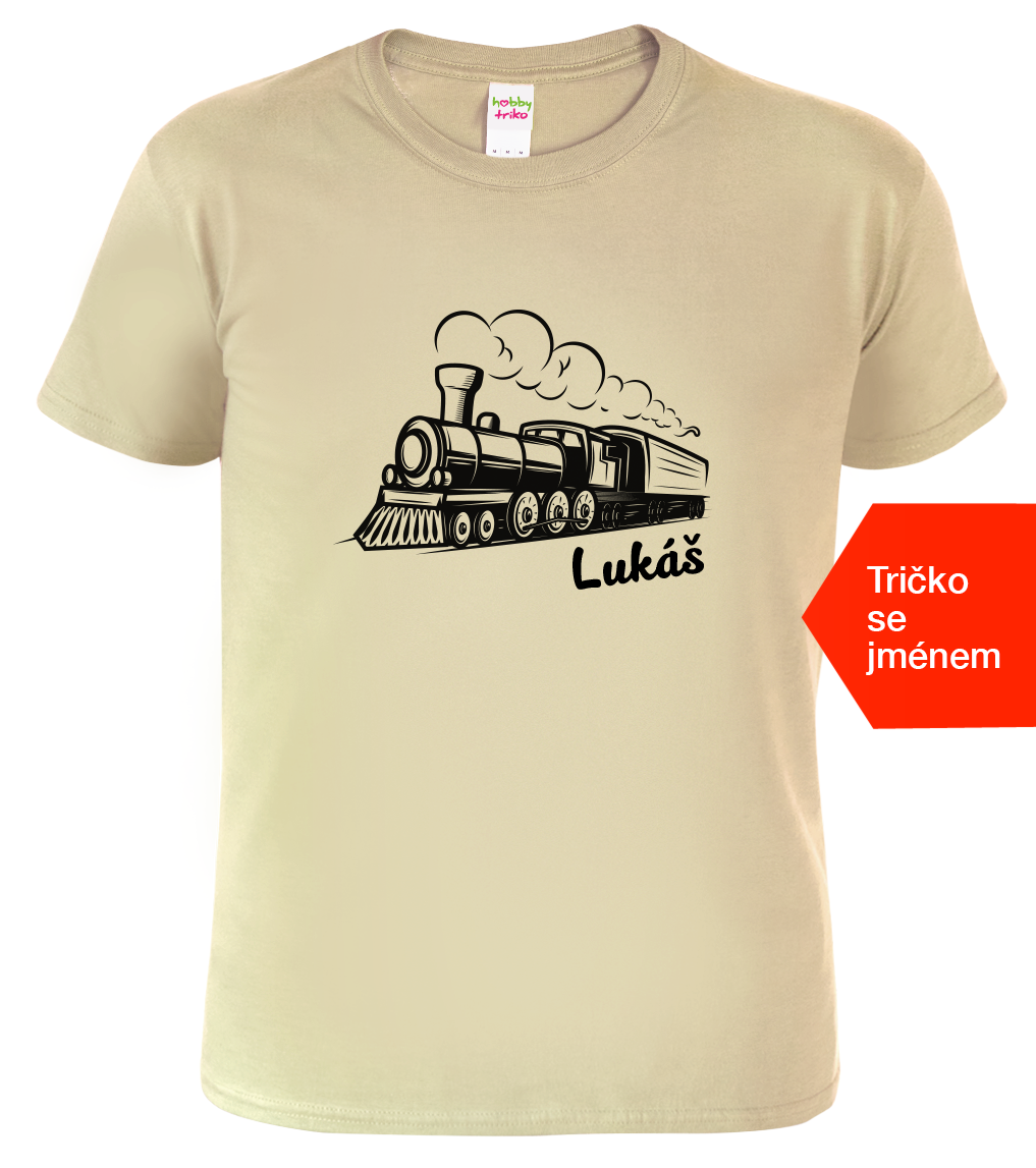 Tričko s vlakem a jménem - Parní lokomotiva Velikost: S, Barva: Béžová (51)