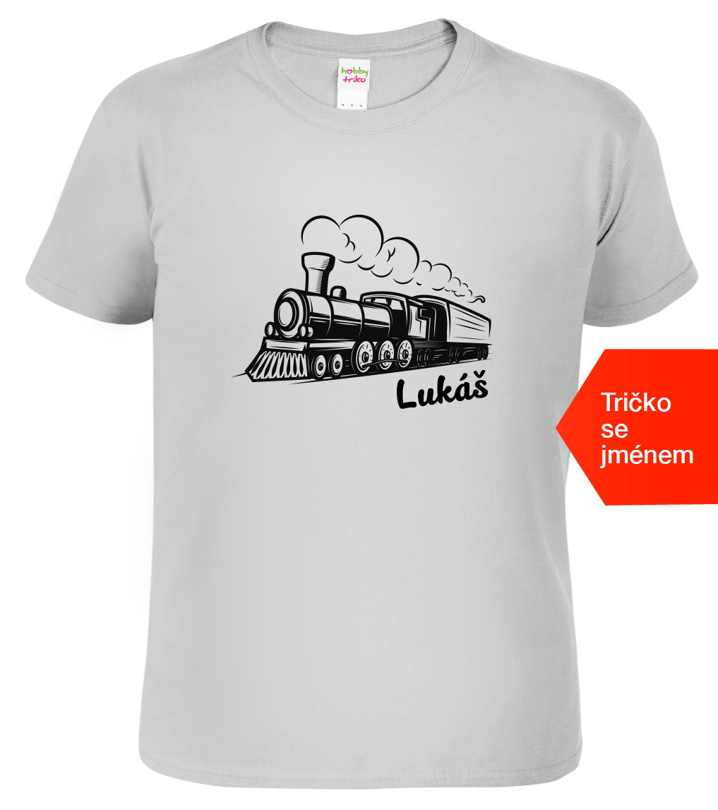 Tričko s vlakem a jménem - Parní lokomotiva Velikost: XL, Barva: Světle šedý melír (03)