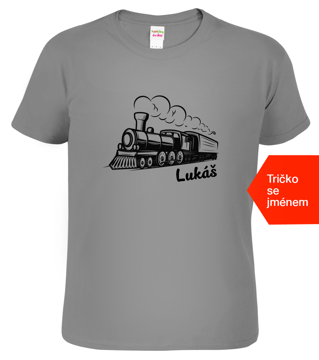 Tričko s vlakem a jménem - Parní lokomotiva Velikost: L, Barva: Tmavě šedý melír (12)
