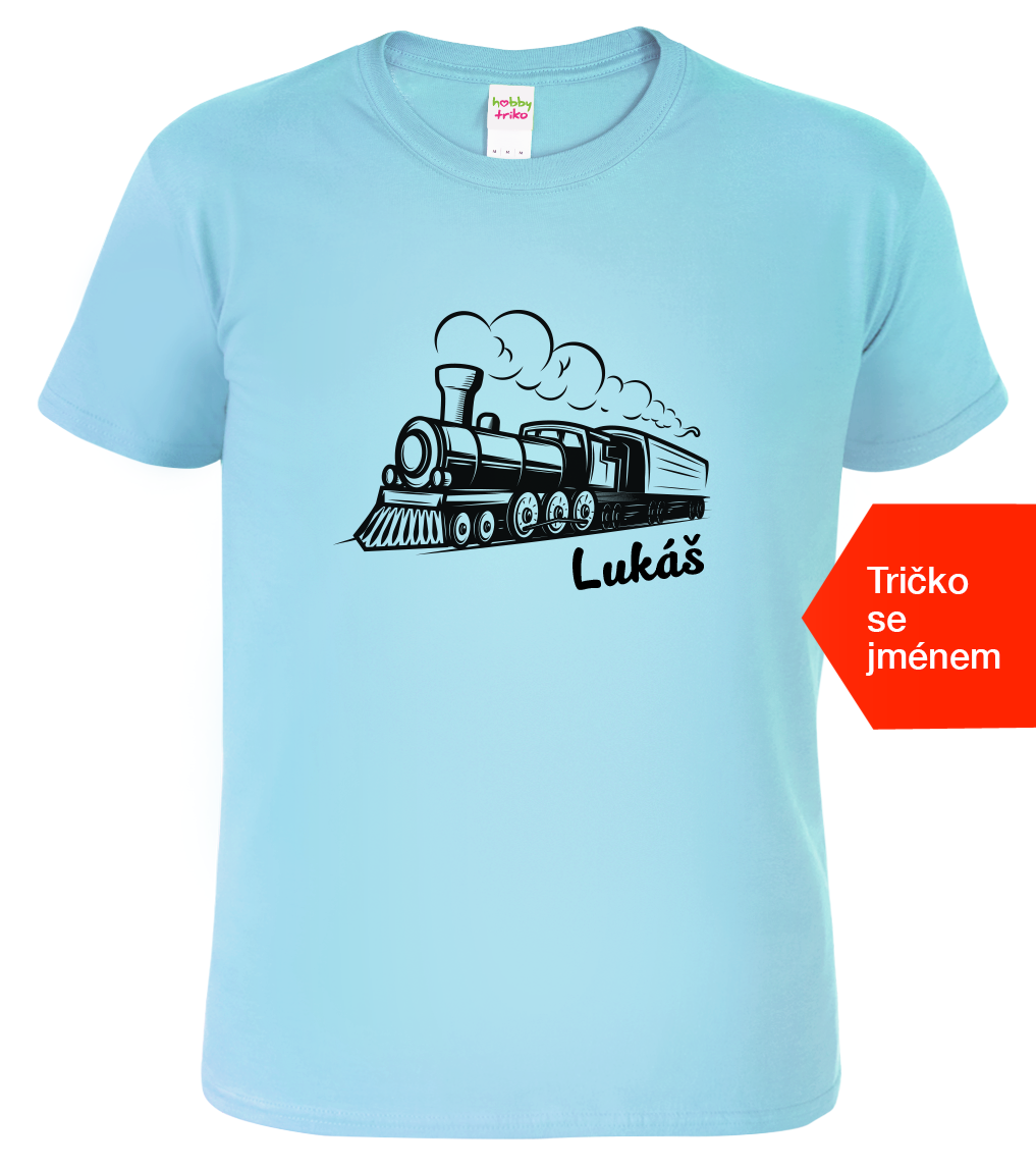Tričko s vlakem a jménem - Parní lokomotiva Velikost: S, Barva: Nebesky modrá (15)