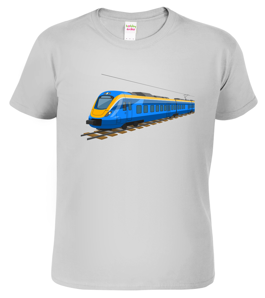 Tričko s vlakem - Modrý vlak Velikost: L, Barva: Světle šedý melír (03)