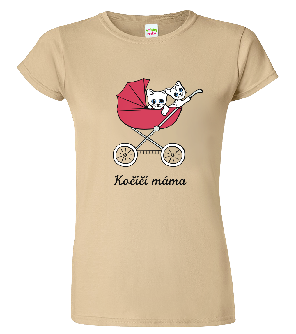 Dámské tričko s kočkou - Kočičí kočárek Velikost: S, Barva: Béžová (51)
