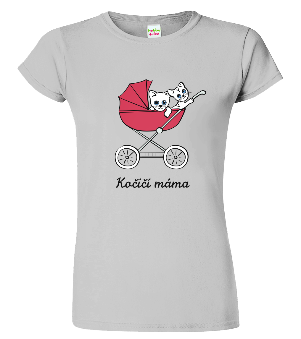 Dámské tričko s kočkou - Kočičí kočárek Velikost: XL, Barva: Světle šedý melír (03)