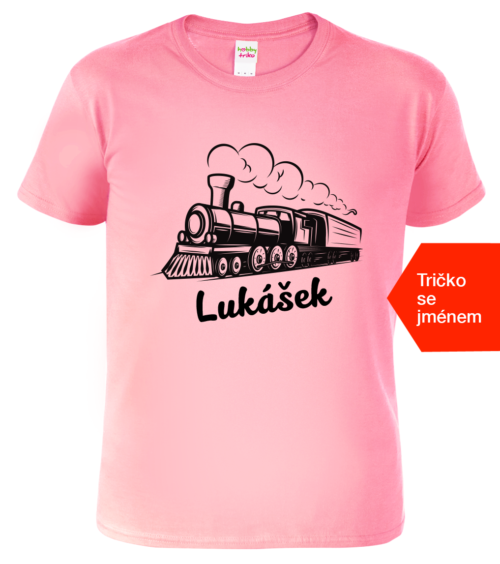 Dětské tričko s vlakem a jménem - Parní lokomotiva Velikost: 10 let / 146 cm, Barva: Růžová (30)