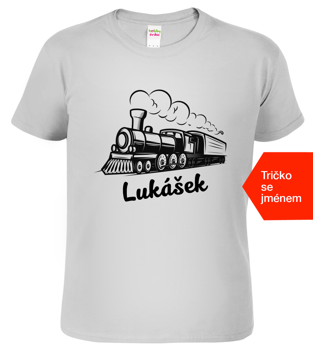 Dětské tričko s vlakem a jménem - Parní lokomotiva Velikost: 8 let / 134 cm, Barva: Světle šedý melír (03)