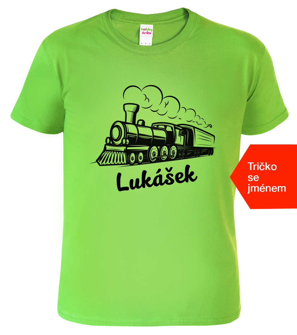 Dětské tričko s vlakem a jménem - Parní lokomotiva Velikost: 12 let / 158 cm, Barva: Apple Green (92)