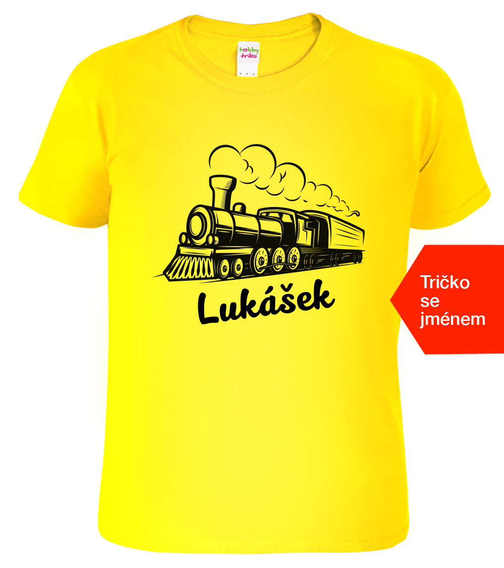 Dětské tričko s vlakem a jménem - Parní lokomotiva Velikost: 6 let / 122 cm, Barva: Žlutá (04)