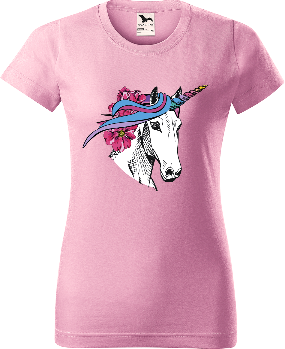 Dámské tričko s koněm - Hlava jednorožce Velikost: S, Barva: Růžová (30)