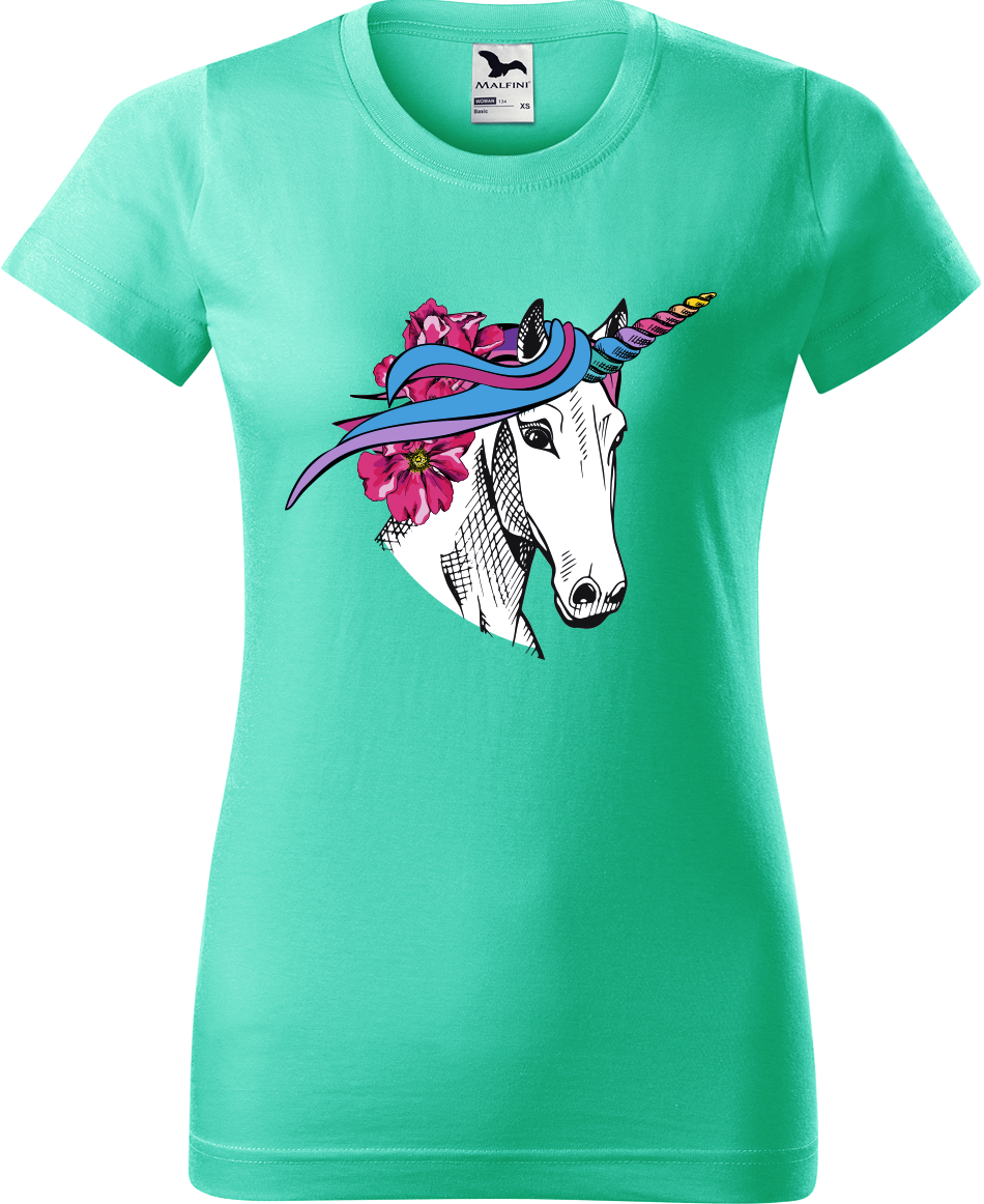 Dámské tričko s koněm - Hlava jednorožce Velikost: S, Barva: Mátová (95)