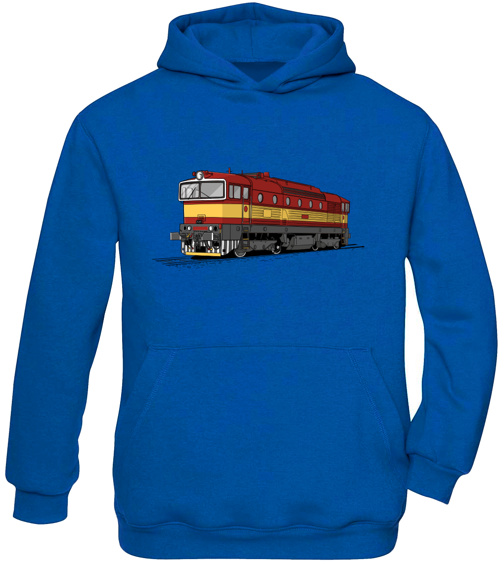 Dětská mikina s vlakem s kapucí - Barevná lokomotiva Brejlovec Velikost: 7-8 let, Barva: Modrá (Royal Blue)