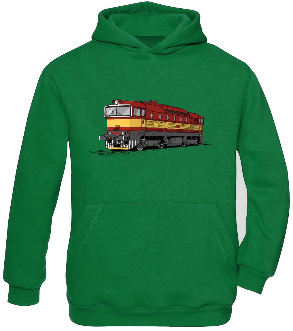 Dětská mikina s vlakem s kapucí - Barevná lokomotiva Brejlovec Velikost: 7-8 let, Barva: Zelená (Kelly Green)