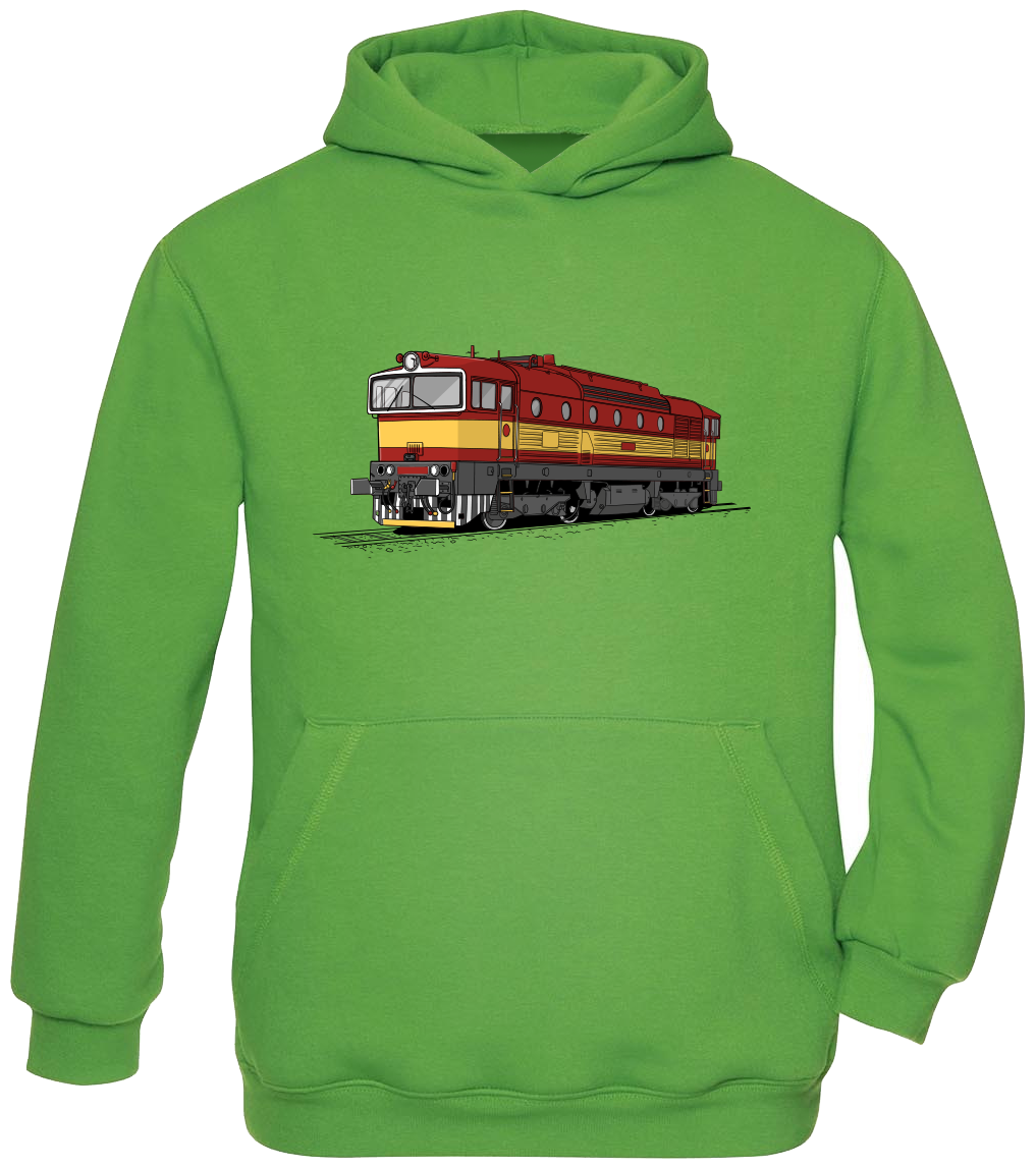 Dětská mikina s vlakem s kapucí - Barevná lokomotiva Brejlovec Velikost: 7-8 let, Barva: Zelená (Real Green)
