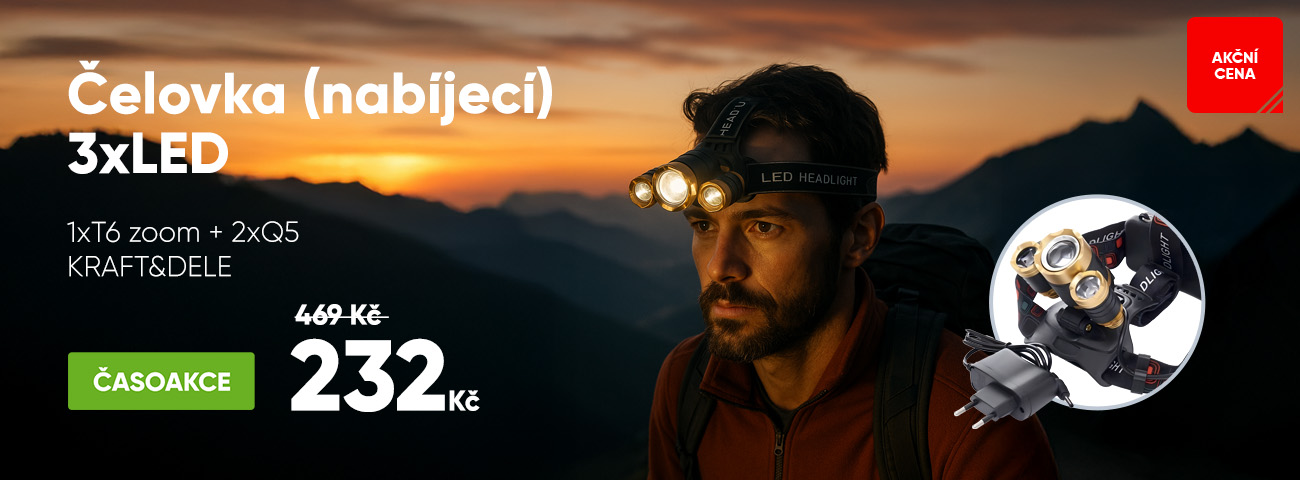 Čelovka (nabíjecí) 3xLED 1xT6 zoom + 2xQ5 KRAFT&DELE
