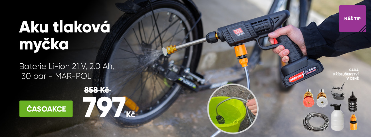 Aku tlaková myčka, baterie Li-ion 21 V, 2.0 Ah, 30 bar - MAR-POL