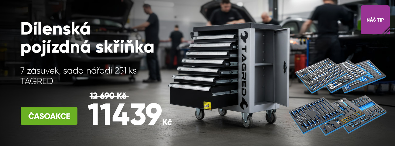 Dílenská pojízdná skříňka, 7 zásuvek, sada nářadí 251 ks TAGRED