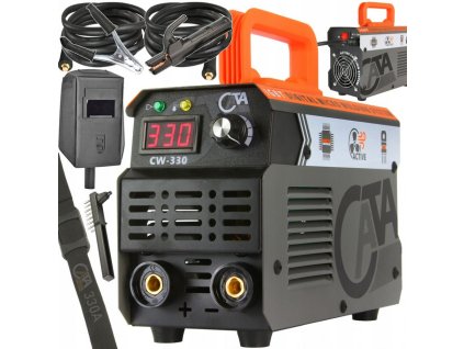 Kompaktní invertorová svářečka CATA CW-330 s LCD displejem, madlem pro přenášení a připojenými kabely; detailní pohled na ovládací panel a robustní konstrukci vhodnou pro svařování oceli, mědi i legovaných kovů.