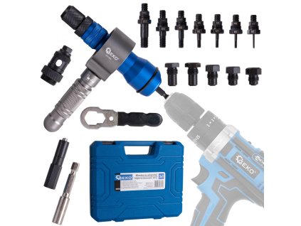 Nástavec nýtovací na vrtačku, sada pro matice M3-M12 a trhací nýty 2.4-6.4mm GEKO