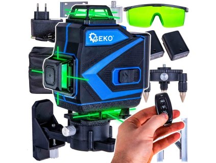 Křížový laser 360°, samonivelační, 4D, zelený, 2x Li-ion, pouzdro, příslušenství - GEKO