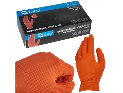 Nitrilové rukavice Solid Grip 3D, pevné, odolné chemikáliím, 50 ks, oranžové, velikost M - GEKO