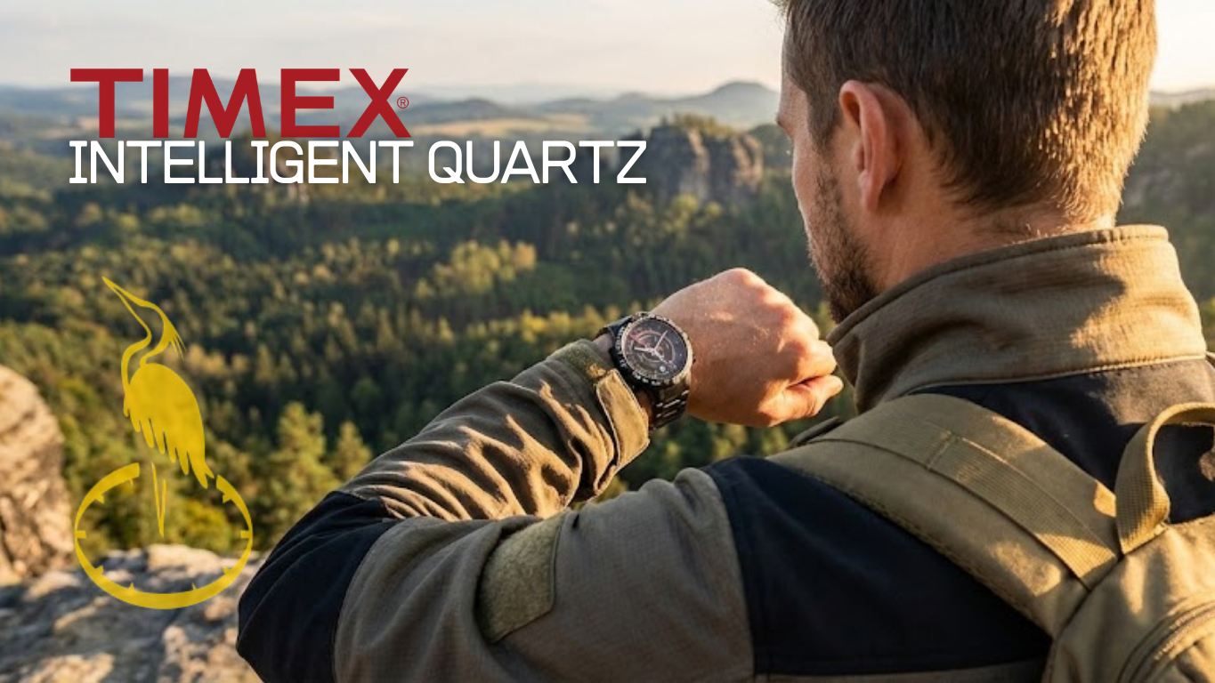 Muž stojící na vrcholu skal pozoruje ciferník svých kompasových hodinek.