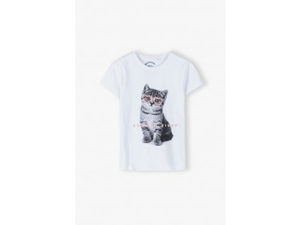 Dívčí bílé tričko krátký rukáv s koťátkem