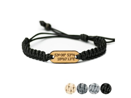 Armband aus Holz Koordinaten Kordel (personalisiert) (Farbe des Kordel Armbands Schwarz, Holz Merbau)
