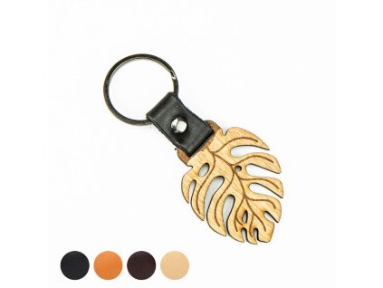 Schlüsselanhänger aus Holz Leder - Monstera Aniegre (Lederfarbe natur)