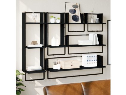 6dílná sada nástěnných polic s tyčí kompozitní dřevo [836313] (Barva Černá)
