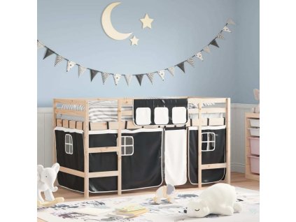 Dětská patrová postel se závěsy bílá a 90x200 cm borovice [3206964] (Barva Přírodní a černá)