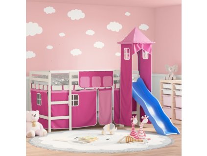 Dětská patrová postel s věží bílá a 80 x 200 cm borovice [3207063] (Barva Přírodní a černá)