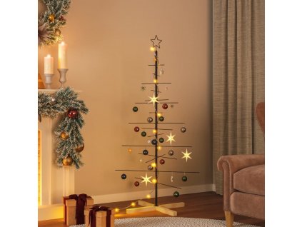 Kovový vánoční stromeček s dřevěnou základnou černý 150 cm [359604]