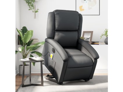 Elektrické zvedací masážní polohovací křeslo pravá kůže [3204274] (Barva Černá)