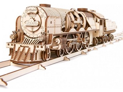 Hračka Ugears 3D dřevěné mechanické puzzle V-Express parní lokomotiva 4-6-2 s tendrem [6950253]