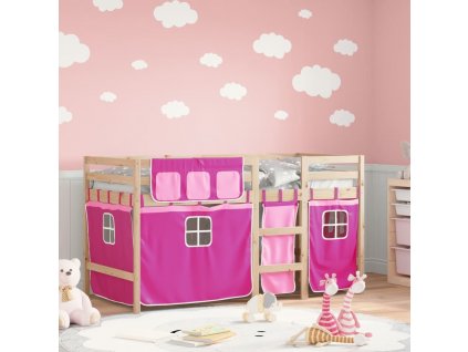 Dětská patrová postel se závěsy růžová 90 x 200 cm borovice [3283819]